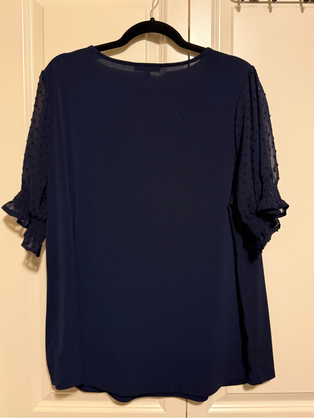 Adrianna Papell Navy V-Neck Blouse with Sheer Dot Puff Sleeves - Picture 3 of 3